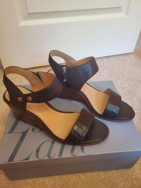 Essex Lane Black Croc-Textured Ankle Strap Wedge Sandals